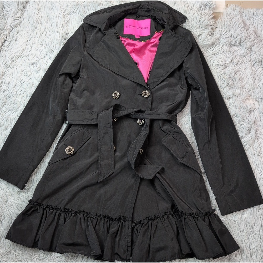 Betsy Johnson Jacket Womens S Black Trench Coat Pockets Belted Button Up
